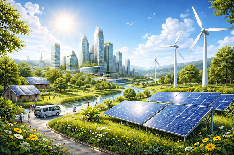 Illustration av nollkoldioxid ekonomi med fornybar energi, vindkraftverk och solpaneler i framtida hallbart stadslandskap